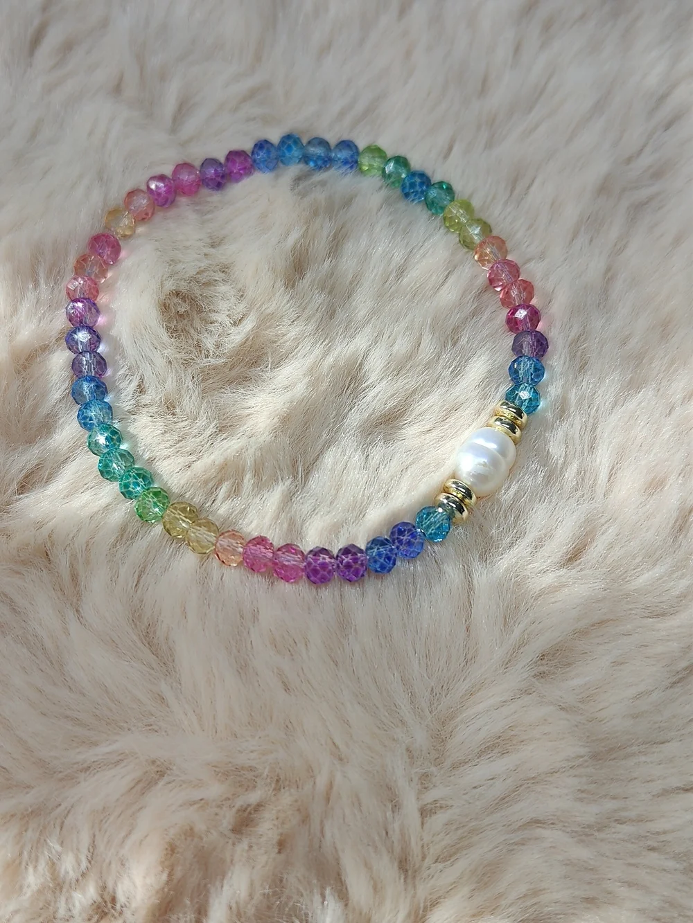 Freshwater Pearl & Rainbow Crystal Bead Stretch Bracelet